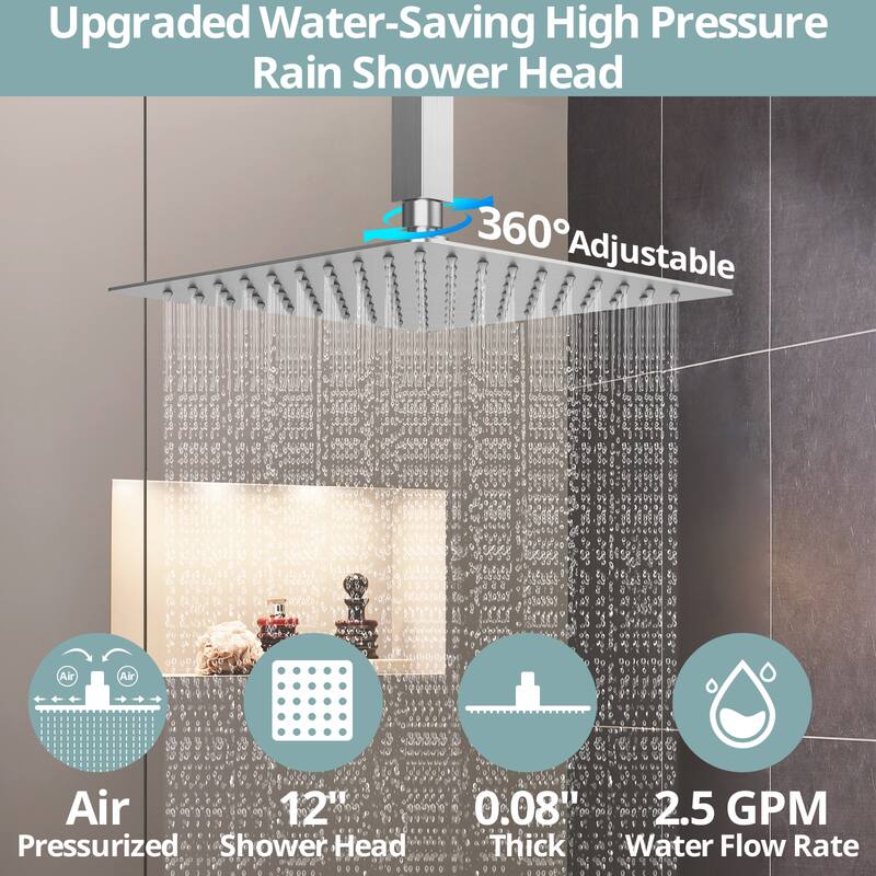 Dual Heads 12" Rainfall & High Pressure 6" Shower System w/ 3 Way Digital Display Faucet
