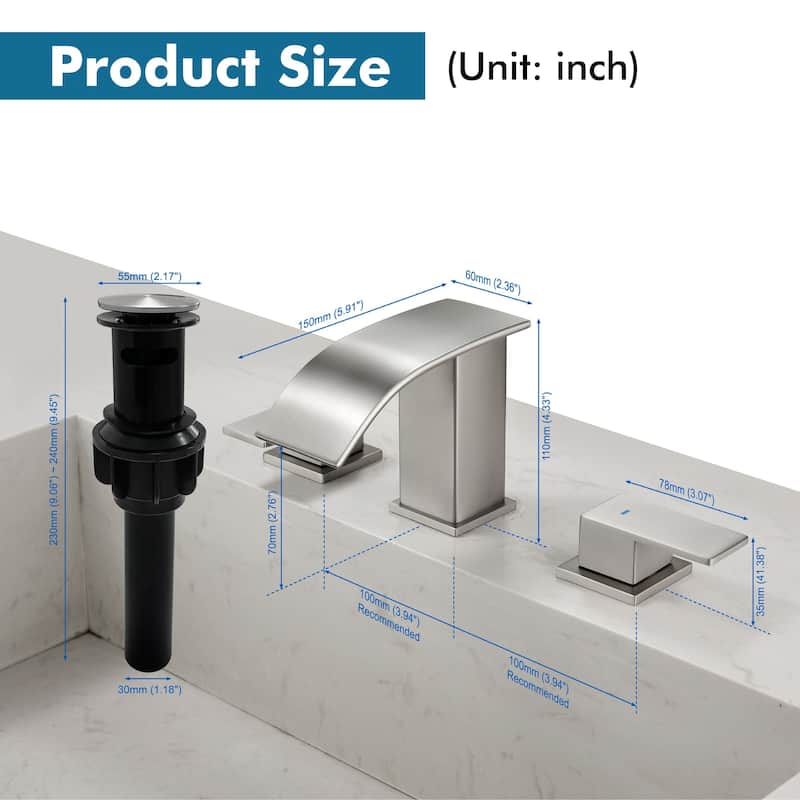 8 Inch Widespread Waterfall Bathroom Faucet with Pop-up Drain Kit Modern Double Handle Bathroom Sink Basin Vanity Faucet 3 Holes