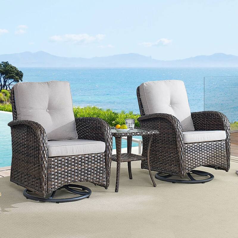 Gymojoy Outdoor 3-piece Rattan Wicker Rocking Swivel Chair Set