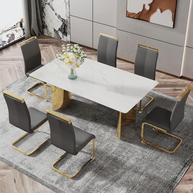 Roomfitters Dining Table with White Marble Glass Top and Gold Metal Legs for Kitchen or Living Room Use, White