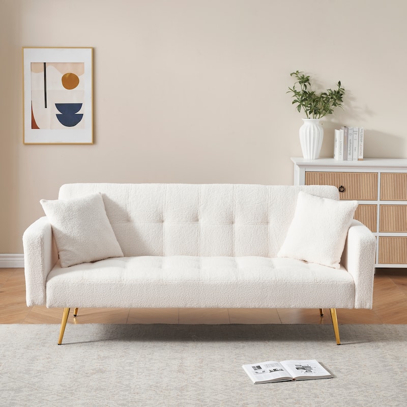 71.7 - Teddy Fleece Sofa Bed, accompanied by two charming throw pillows - Beige