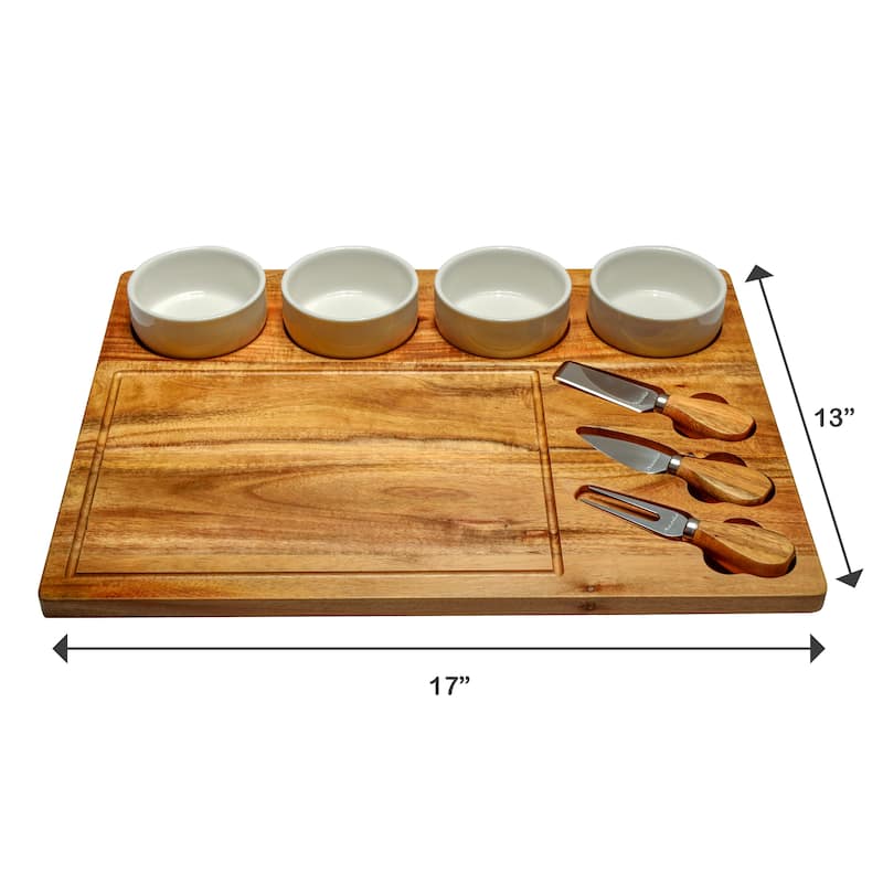 Eight piece Acacia Charcuterie Board, Ceramic Bowls & Cheese Tools