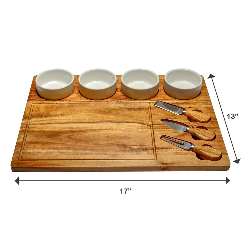 Personalized 8-piece Acacia Charcuterie Board, Ceramic Bowls & Cheese tools