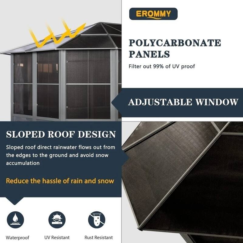 Erommy Outdoor Solarium Sunroom, Patio Hardtop Gazebo, Aluminum Frame Permanent Gazebo with Sliding Doors and Screens