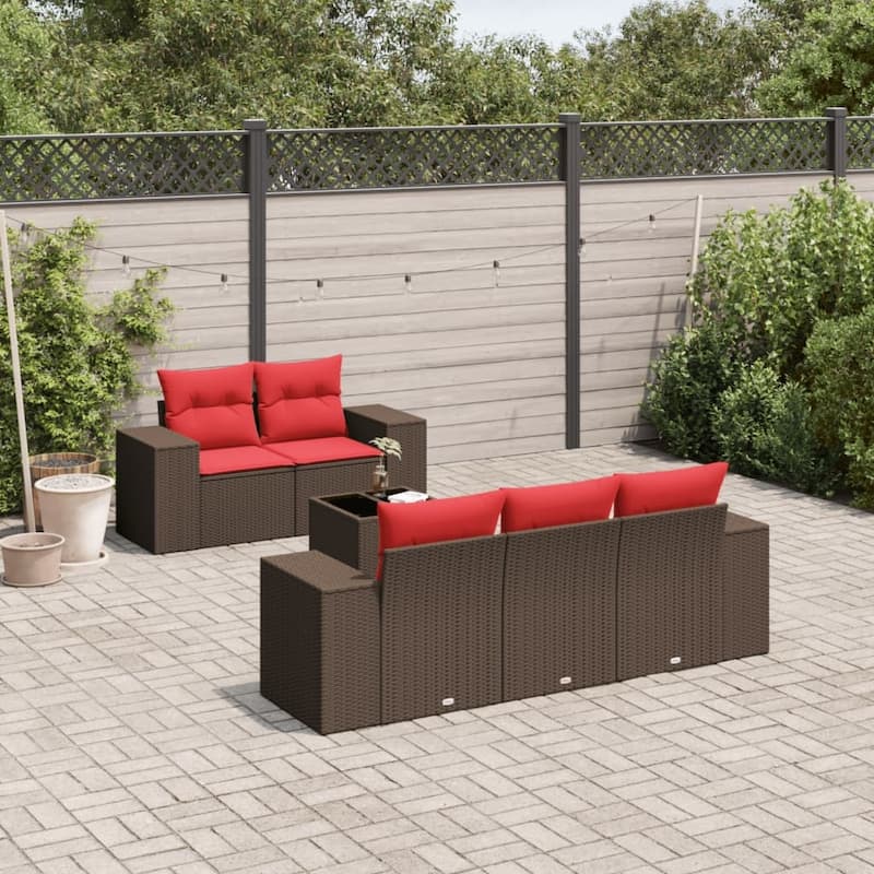 vidaXL 6 Piece Patio Sofa Set with Cushions Black Poly Rattan - 21.7" x 24.4" x 27.2" - Brown