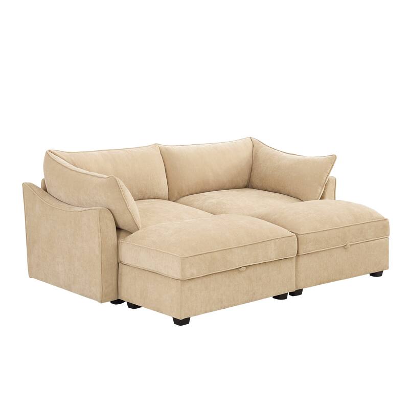 Modern Chenille Sectional Sofa Couch with Hidden Storage & 2 Ottoman