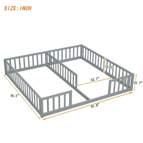 dimension image slide 0 of 3, Twin Size Kids Bed Frame, Double Twin Floor Bed with Fence Guardrails