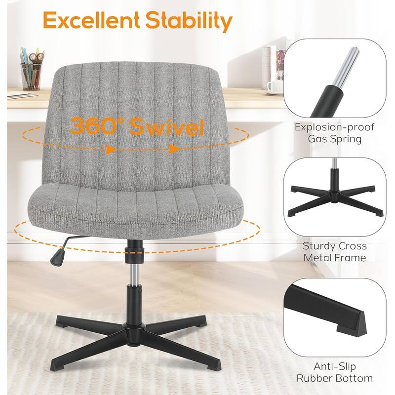 Home Office Desk Chair Criss Cross Legged Office, Wide Comfty Desk, Wheels Armless Computer Task, Swivel Vanity Home Chair