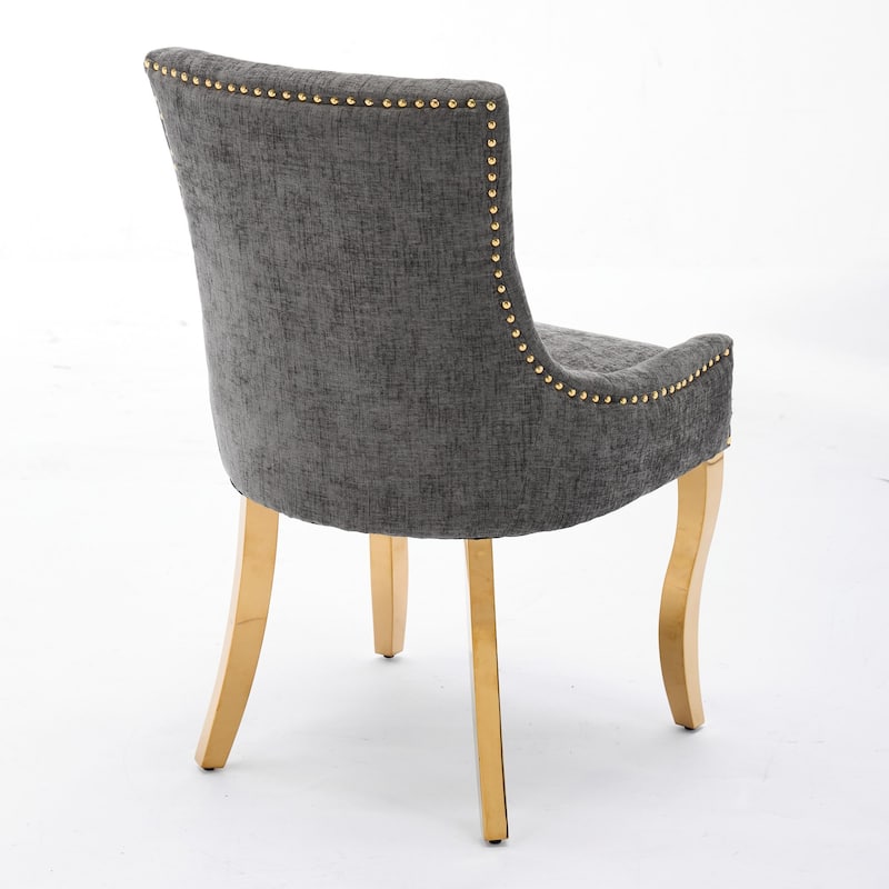 Chenille Dining Chairs, Modern Upholstered Accent Chair with Curved Gold-Plated Legs & Rivet Trim, Plush Fabric, Set of 2