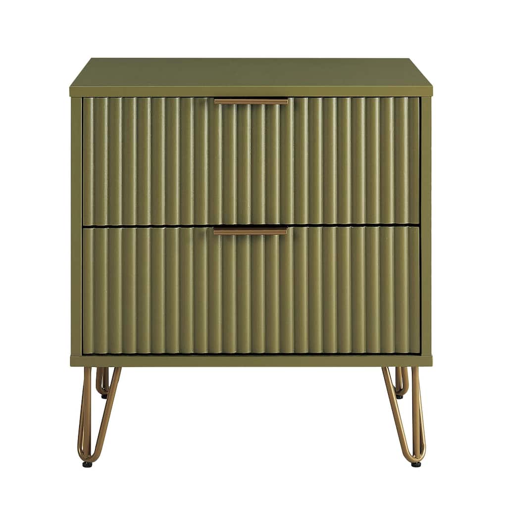 20-Inch Fluted Nightstand with 2 Drawers, Gold Metal Handles, and Splayed Legs in Olive Green