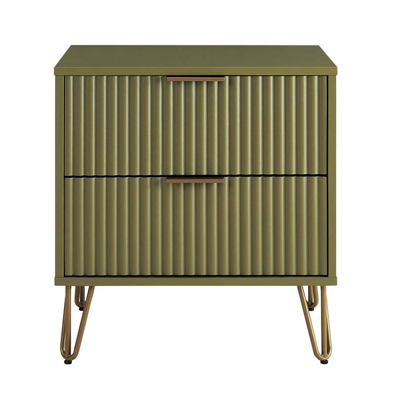 20-Inch Fluted Nightstand with 2 Drawers, Gold Metal Handles, and Splayed Legs in Olive Green - Olive Green
