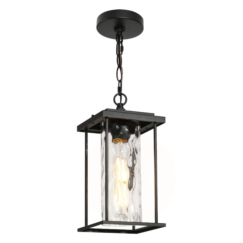 Modern 1-Light Black Outdoor Pendant Water Ripple Glass Porch Lantern - L 6.7" x W 6.7" x H 14.2"