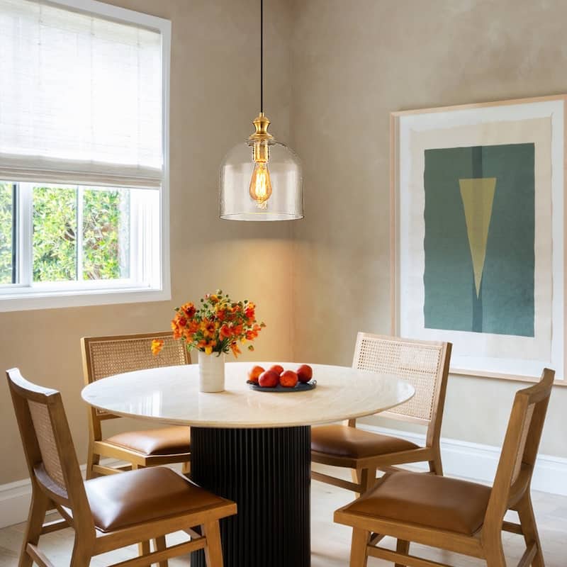 1-Light Modern Industrial Dome Pendant Light with Bell Shape Clear Hammered Glass and Adjustable Hanging Height