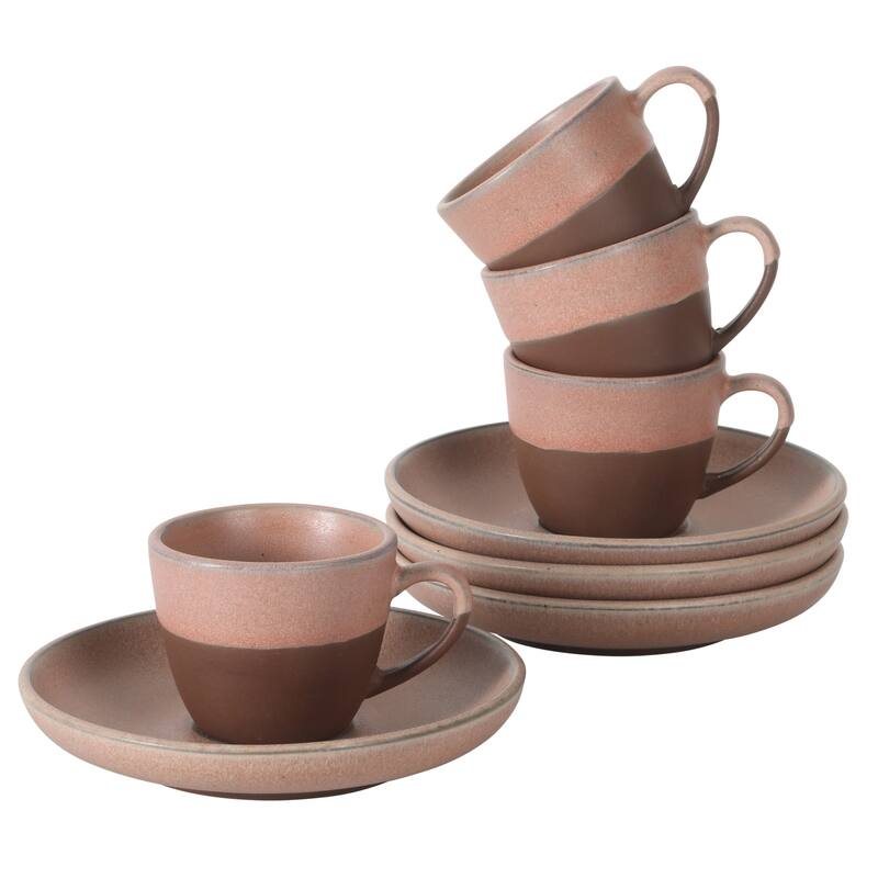 Gibson Elite William Crest 8 Piece Cup & Saucer -3.5oz Espresso Cups, 5.5" Saucers Reactive Stoneware Set - Pink