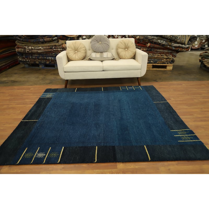 Hand Knotted Oriental 100% Wool Carpet Modern Bordered Navy Blue & Blues Gabbeh Area Rug - 6' 9'' X 6' 3''
