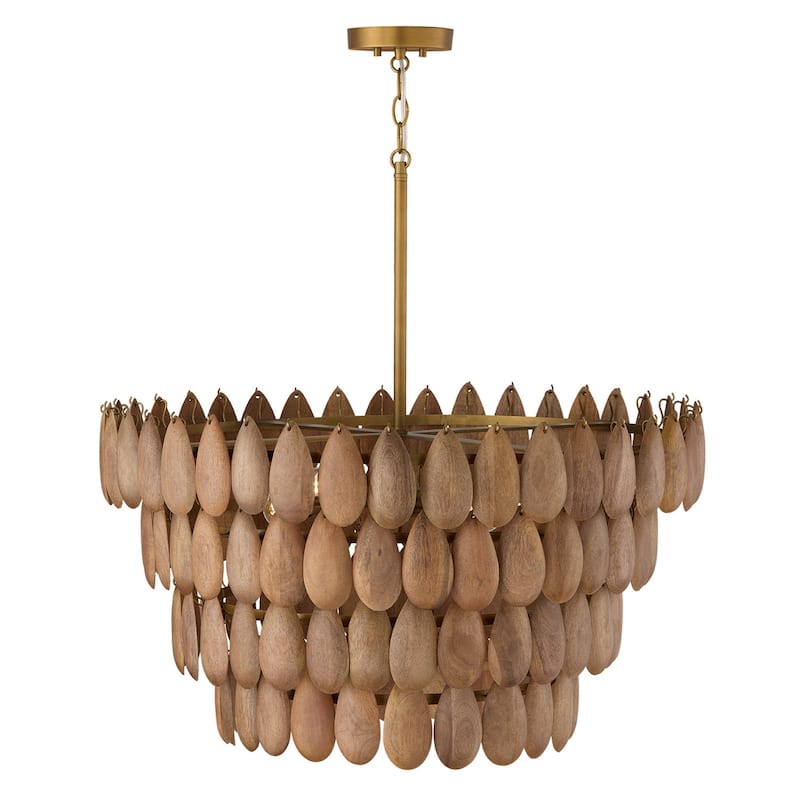 4-Light Pendant in Hand-distressed Patinaed Brass and Handcrafted Mango Wood