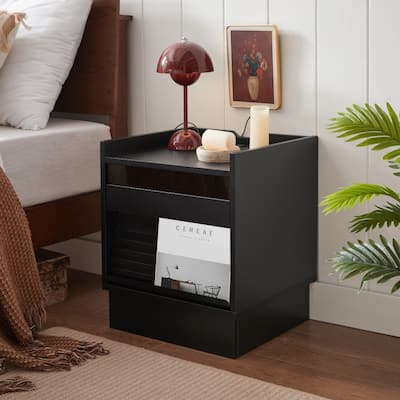 Mid Century Modern Nightstand with Charging Station and LED lights, 2 Drawers for Living Room