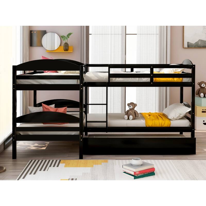 Twin L-Shaped Bunk Bed with Trundle Solid Pine Wood Convertible Beds