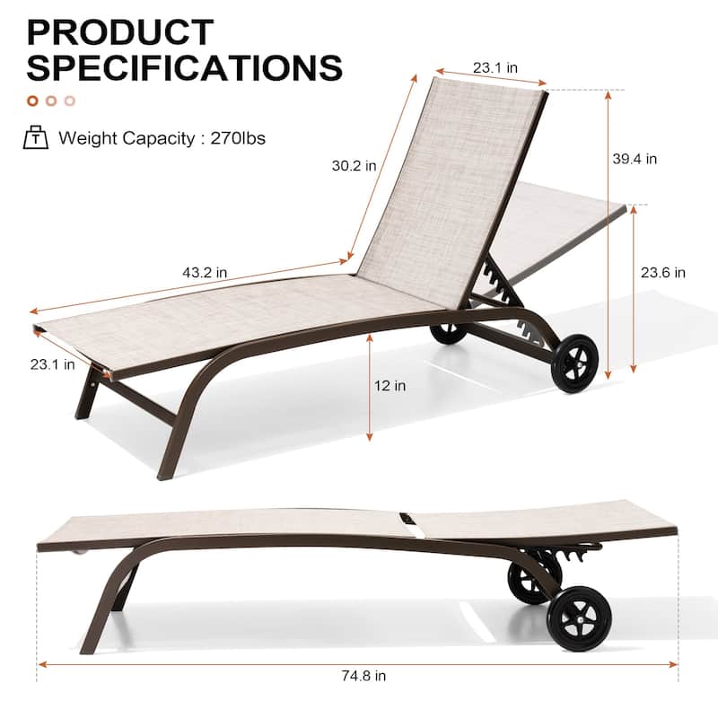 Outdoor Chaise Lounge Chair Pool Lounger with Adjustable Back and Wheels