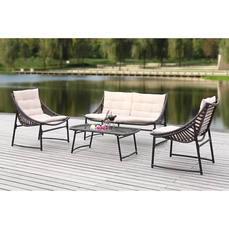 SAFAVIEH Outdoor Hildrun Rattan 4-Piece Set - 28W x 30D x 50H - Brown/Beige