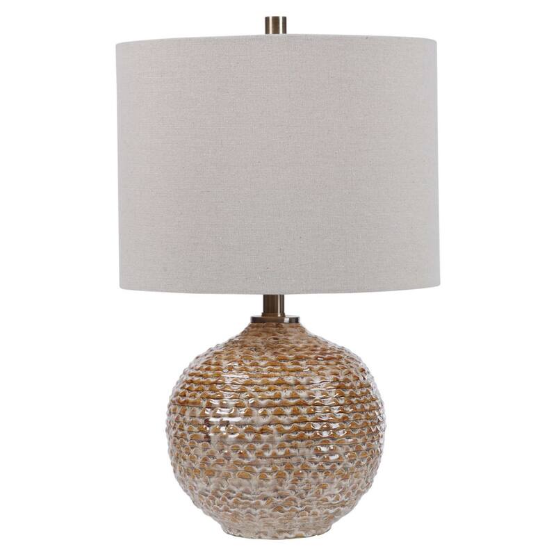 Ribbed Ceramic Table Lamp with White Drum Shade - 22" - Brown
