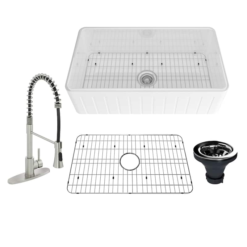 All-in-One Striped Design Reversible Installation Single Bowl Farmhouse/Apron-Front Fireclay Kitchen Sink with Kitchen Faucet