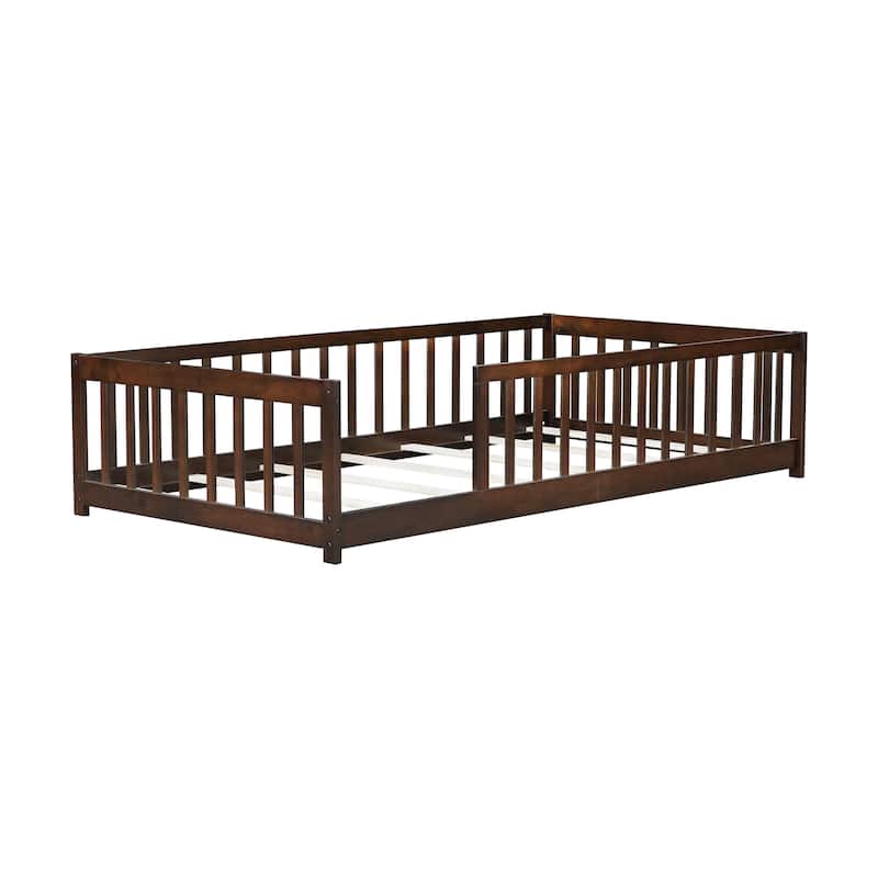Twin Size Floor Bed with Fence without Door, Rubber Wood Floor Bed with Safety Guardrails
