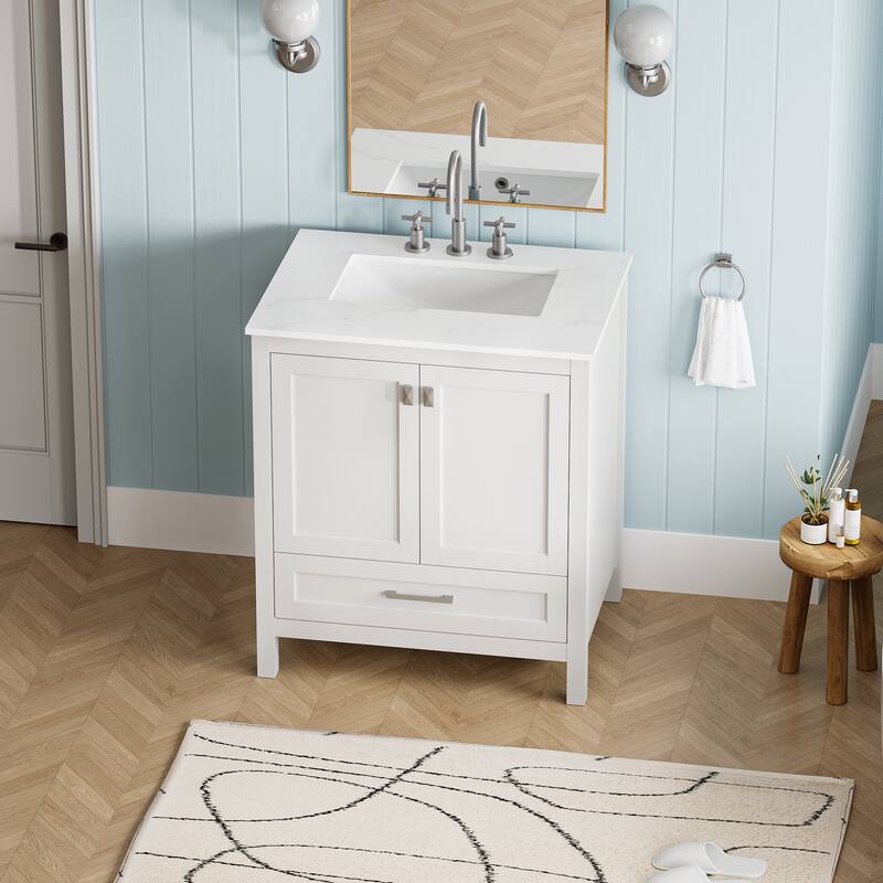 30" Bathroom Vanity with Sink Combo, Fully Assembled Bathroom Sink Cabinet with Marble Countertop, White