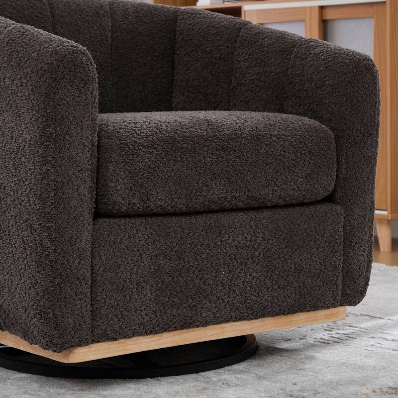 Chenille Upholstered Swivel Barrel Chair, Tufted Pumpkin-Shape Club Armchair, Lounge Reading Chair with Metal Base