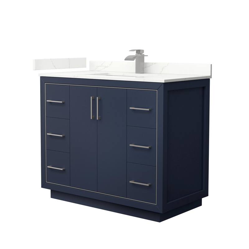 Wyndham Collection WCF111142S-QTZ-UNSMXX Icon 42" Free Standing Single - Dark Blue / Giotto Quartz Top / Brushed Nickel