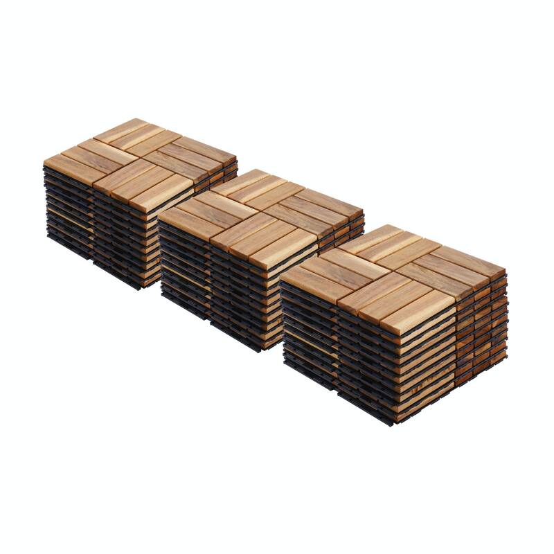 12" x 12" Square Yellow Acacia Hardwood Interlocking Deck Tiles Checker Pattern for Patio, Balcony, Poolside - Yellow - 30 PCS
