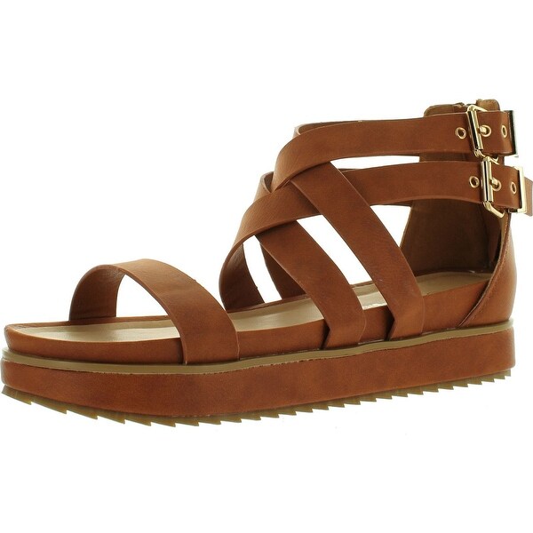 Nature Breeze Women Gorgeous-02 Leatherette Open Toe Strappy Flatform Flat Sandal - Tan