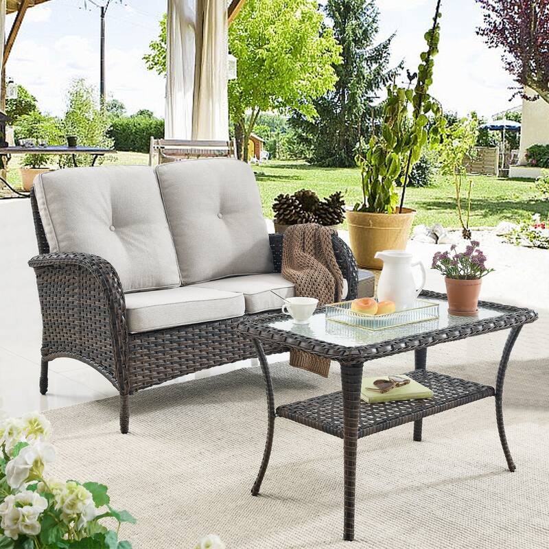 Pocassy 2-Piece Outdoor Sofa Couch with Coffee Table Set - Brown - Beige