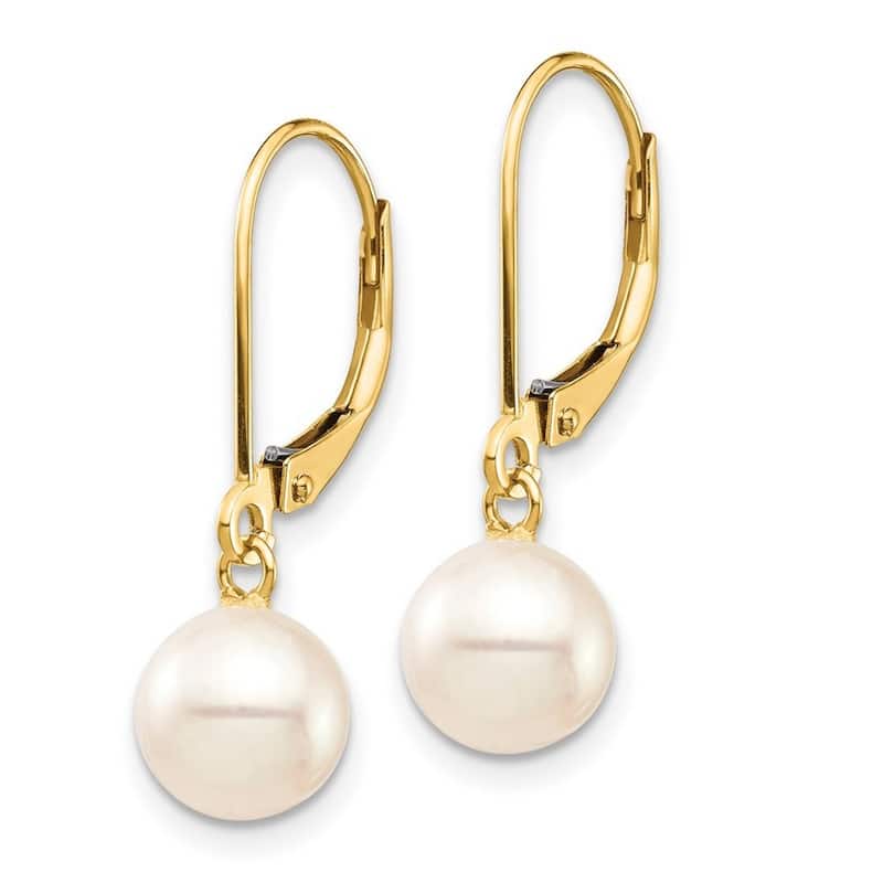 Curata 10k Yellow Gold 7-8mm White Round Freshwater Cultured Pearl Leverback Earrings