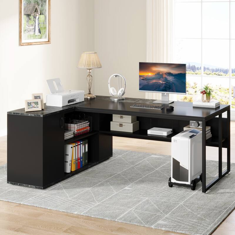 71 inch Executive Desk, L Shaped Desk with Cabinet and Shelves for Home Office
