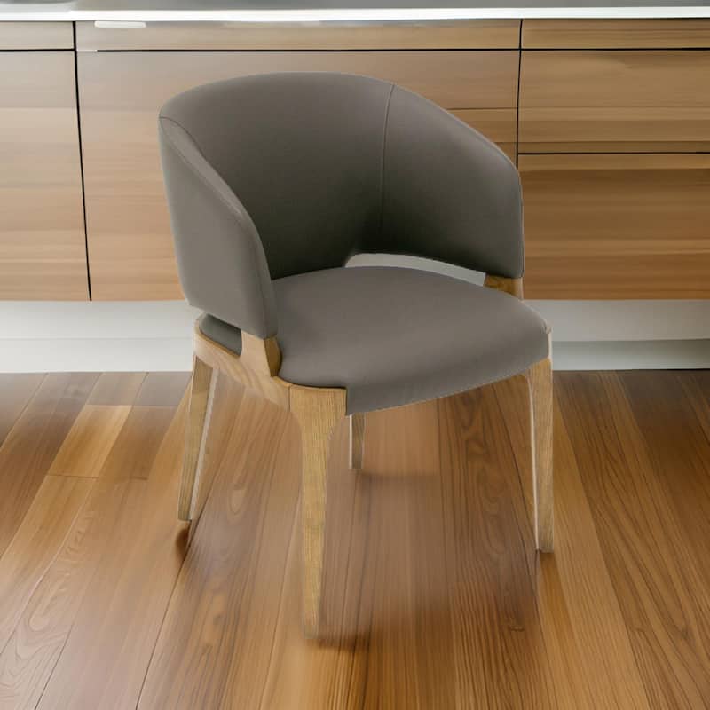 22 Inch Dining Chair, Gray Vegan Faux Leather, Curved Back, Solid Wood
