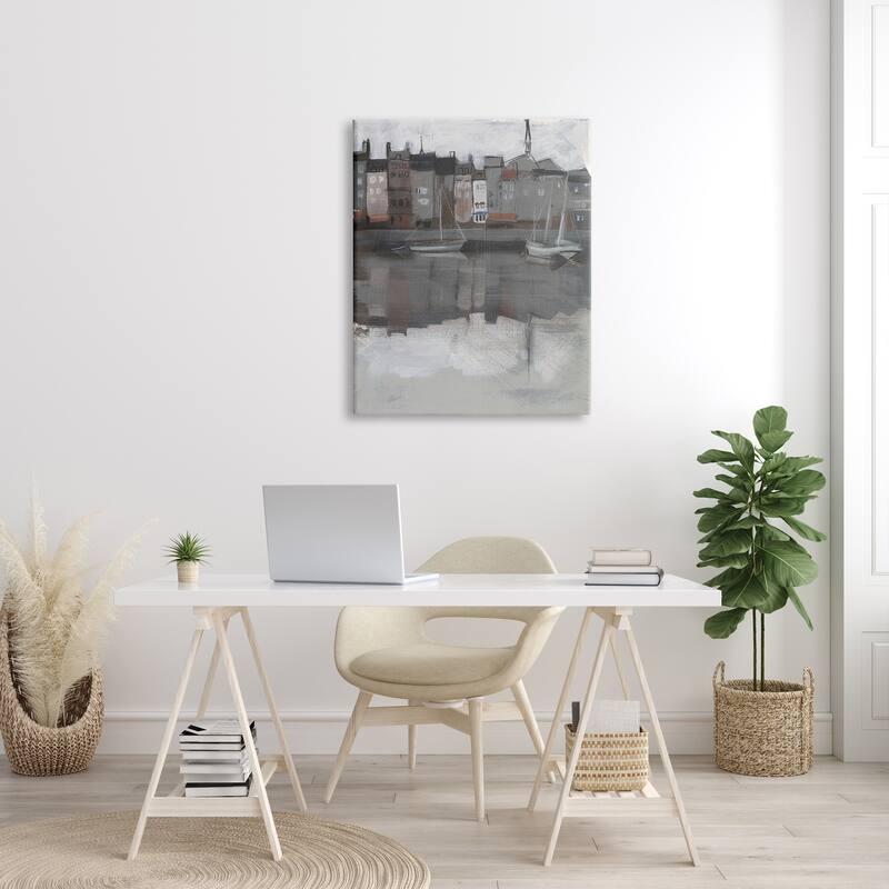 Stupell Dark Sailboat Seaport Murky Coastal City Landscape Canvas Wall Art - Grey