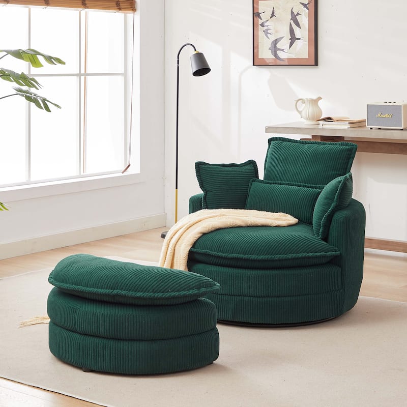 Swivel Chair with Moon Storage Ottoman for Living Room - Green