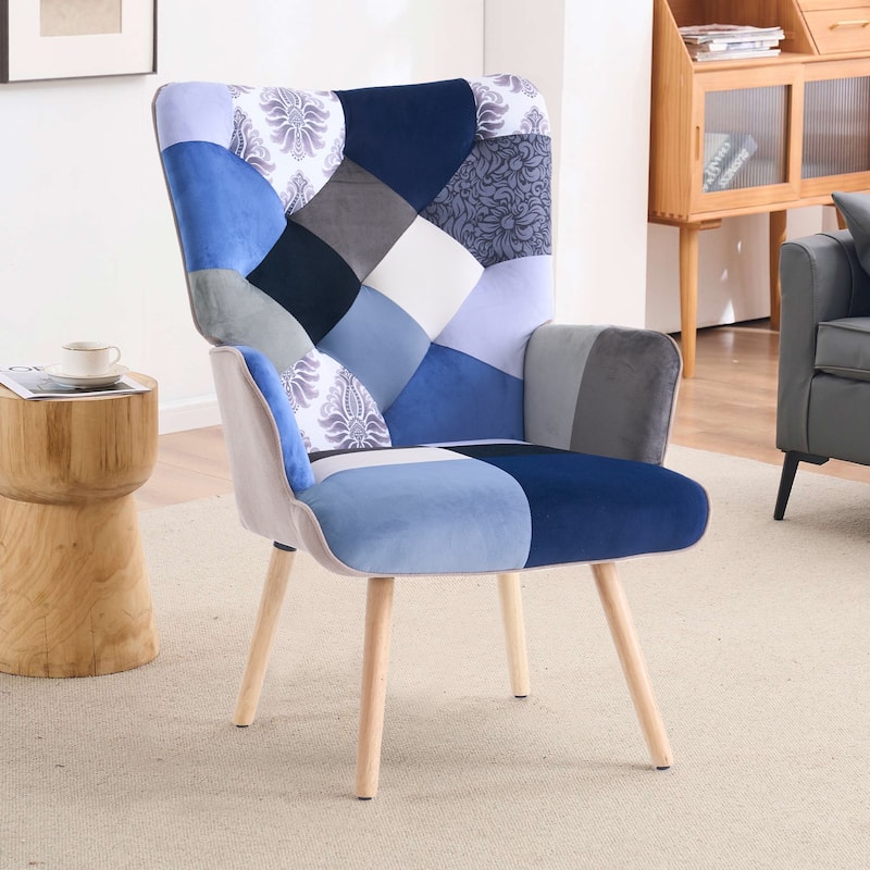 Upholstered Wingback Accent Chair with Rubberwood Legs & Levelers - Blue
