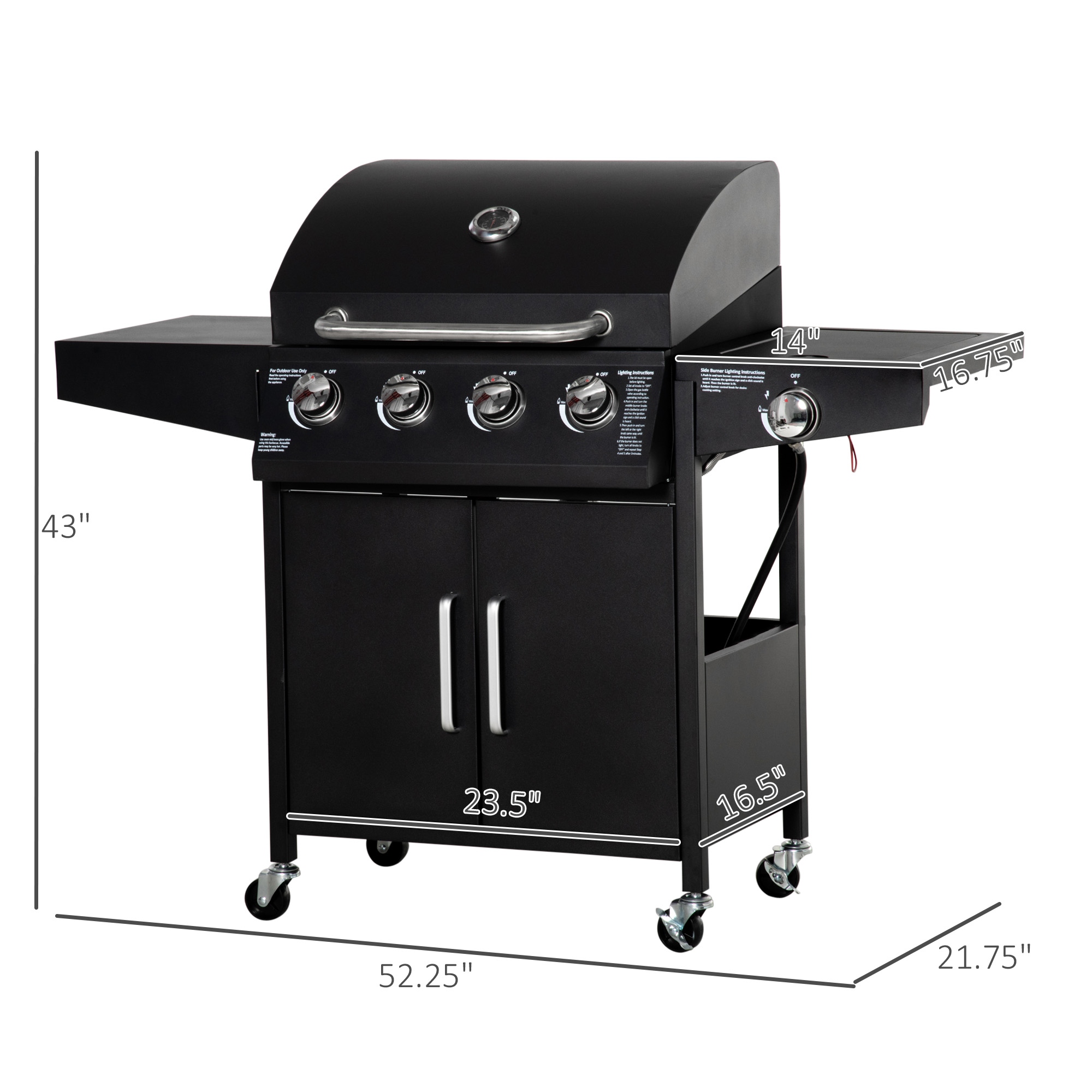 Outsunny 4+1 Burner Liquid Propane Gas Grill Outdoor Cabinet Style BBQ Trolley w/ Side Burner, Warming Rack, Thermometer