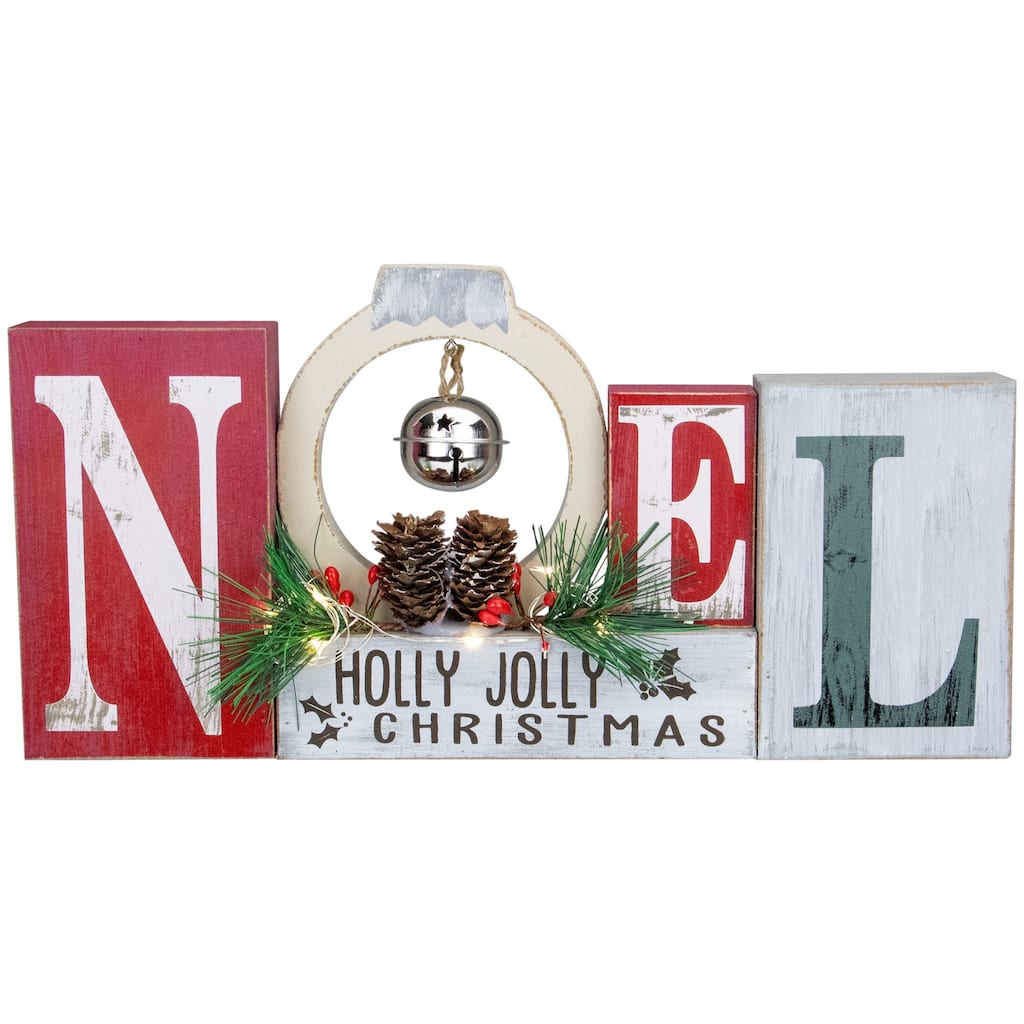 LED Lighted "Noel Holly Jolly Christmas" Holiday Sign with Jingle Bell - 13"