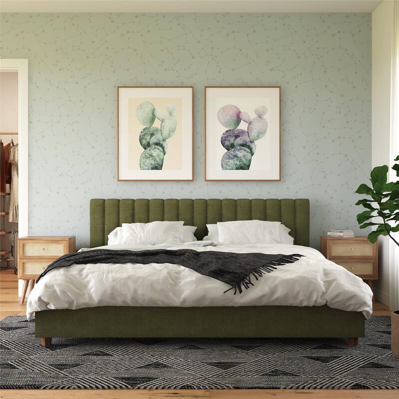 Roomfitters Brittany King Size Upholstered Bed Frame with Ribbed Tufted Headboard, Linen Fabric, Green