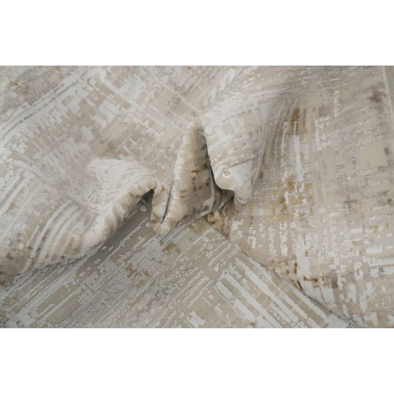 Machine Made Oriental Polyester Carpet Abstract Beige & Ivories Distressed Area Rug - 7' 5'' X 5' 2''
