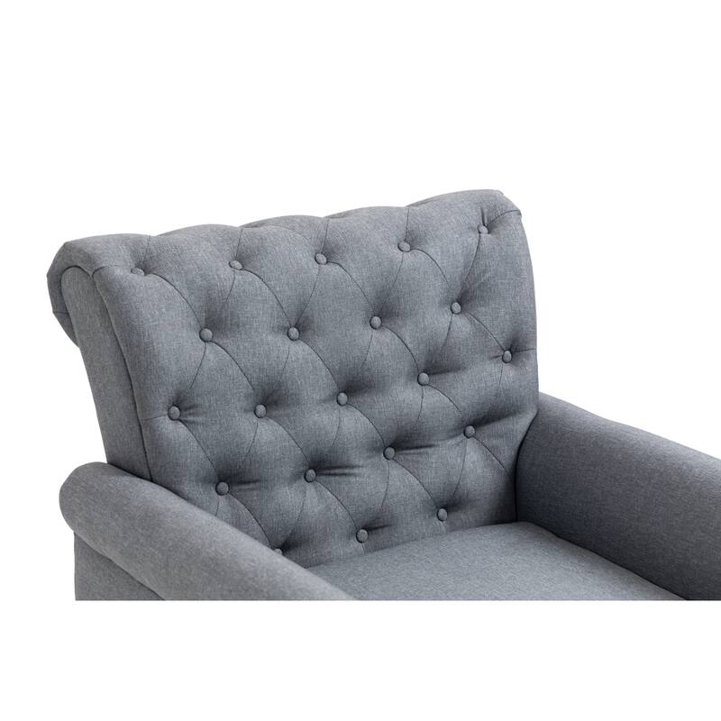 Linen Armchair w/Tufted Back/Wood Legs