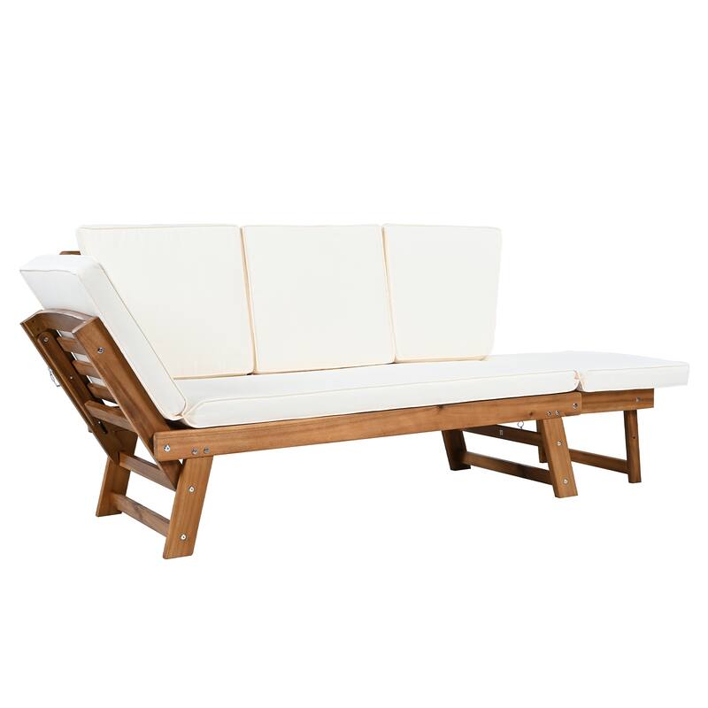 Outdoor Acacia Wood Adjustable Daybed Sofa with Cushions, Expandable Patio Chaise Lounge for Small Spaces, Deck or Balcony