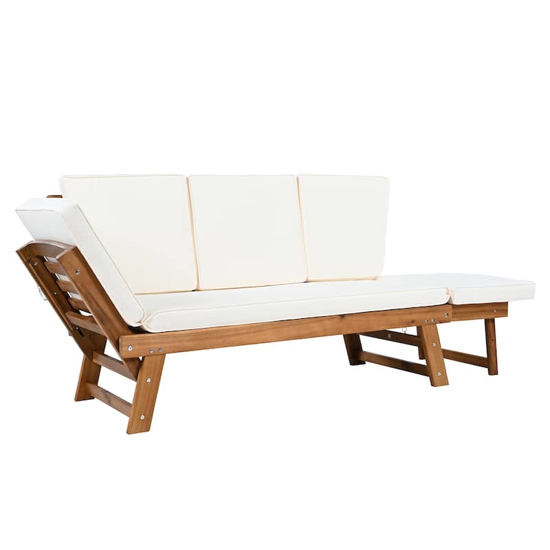 Outdoor Adjustable Patio Wooden Daybed Sofa Chaise Lounge with Cushions for Small Places, Natural Finish+Beige Cushion