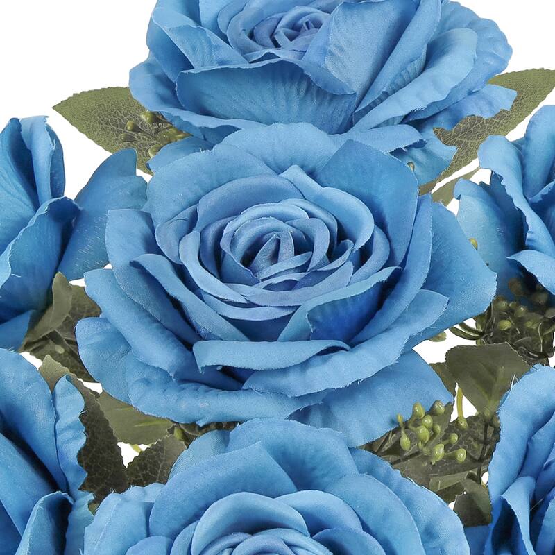 Set of 2 Deluxe Blue Artificial Elegant Rose Flower Stem Bush Bouquet 17in - 17" L x 10" W x 10" DP