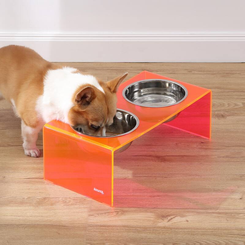 Keaton 7.5" Medium/Large Modern Lucite Rectangular Elevated Pet Feeder with 54oz 2-Stainless Steel Bowls