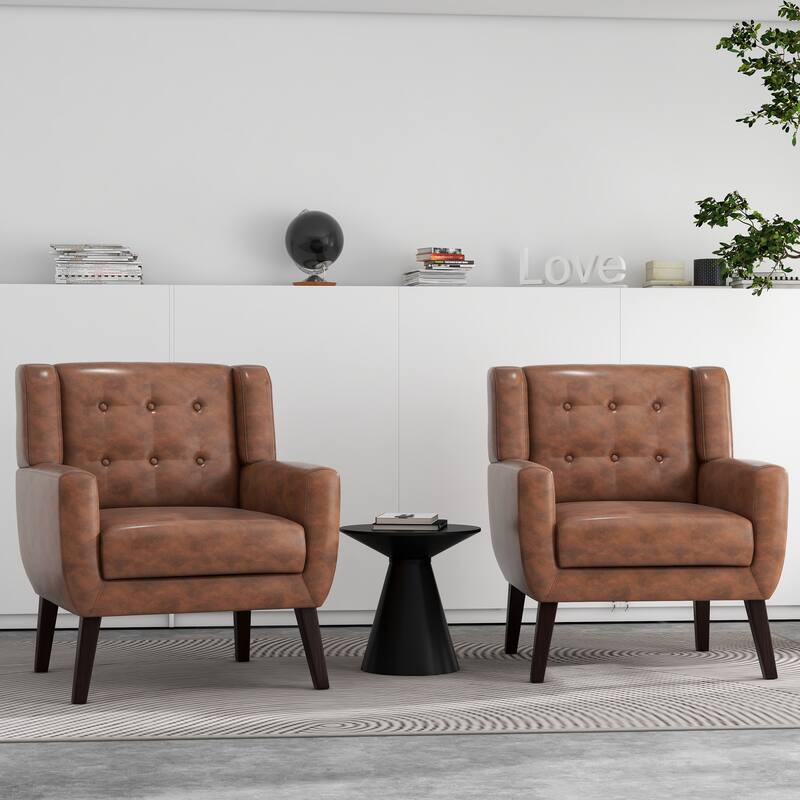 2 Set Modern Tufted Linen Upholstered Accent Chair Faux Leather Armchair