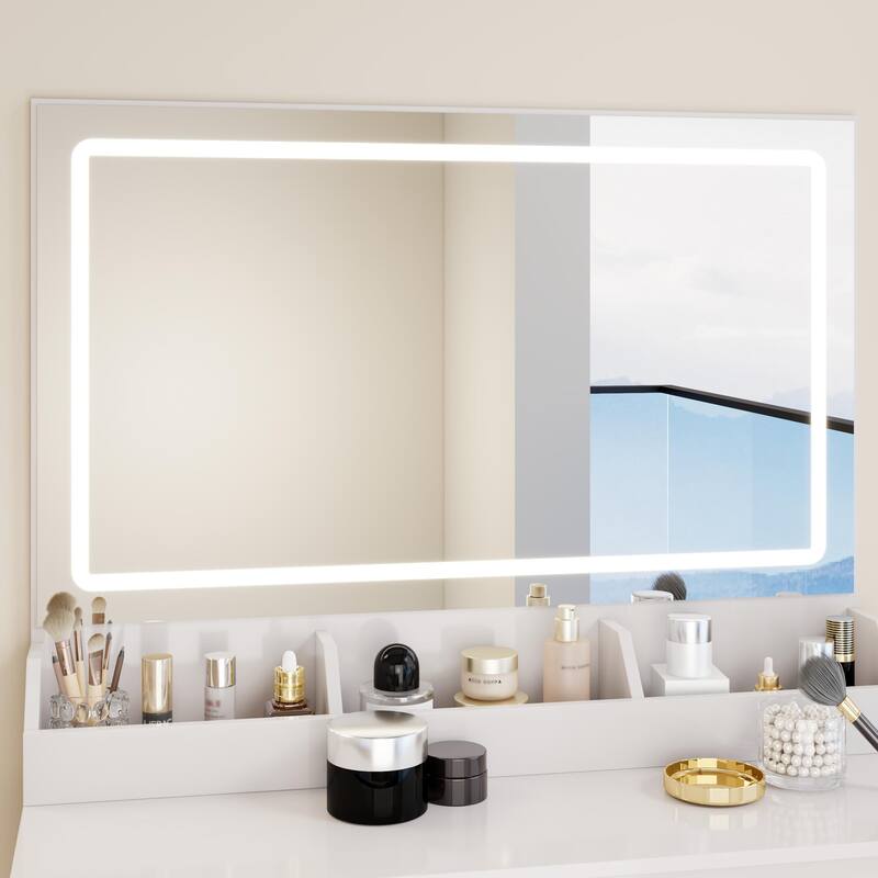 31" x 20" Extra Large LED Mirror Makeup Vanity Table with Stool, Touch Control, Adjustable Brightness & Storage